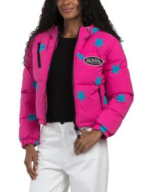 TJ Maxx Star Printed Embroidered Logo Puffer Jacket With Faux Fur Lining For Polyester - Pink