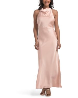 TJ Maxx High Neck Draped Satin Tea Length Dress For Spandex/Polyester - Pink