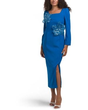 TJ Maxx Long Sleeve 3D Floral Embellished Cocktail Dress For Spandex/Polyester - Blue
