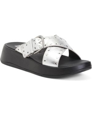TJ Maxx Leather F-Mode Buckle Stud Flatform Cross Slide Sandals For - Metallic