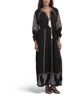 TJ Maxx Three-Quarter Sleeve Embroidered Maxi Dress With Tassels For Rayon - Black