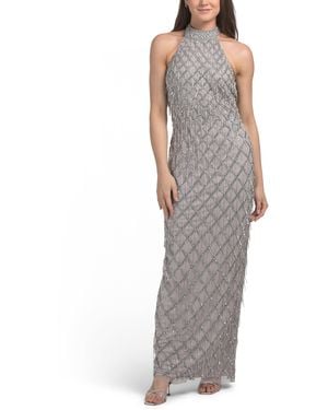 TJ Maxx Sleeveless Beaded Halter Gown For Polyester - Gray