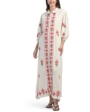 TJ Maxx Linen Blend Three-Quarter Sleeve Embroidered Maxi Dress For Cotton/Linen - Pink