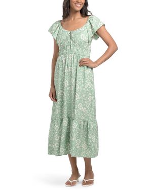 TJ Maxx Flutter Sleeve V-Neck Tie Front Maxi Dress For Nylon/Polyester/Rayon - Green