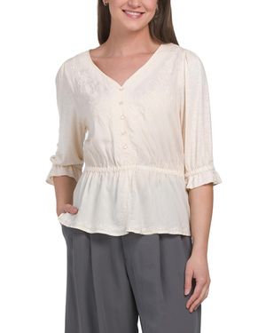 TJ Maxx V-Neck Embroidered Above Elbow Peplum Top For Spandex/Rayon - White