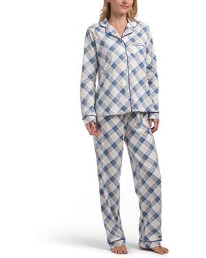 TJ Maxx 2Pc Plaid Notch Collar Top And Pants Pajama Set For Cotton - Blue