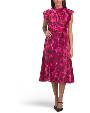 TJ Maxx Mock Neck Flutter Sleeve Midi Dress With Waist Sash For Spandex/Polyester - Red
