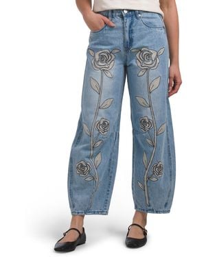 TJ Maxx Floral Embroidered Barrel Leg Jeans For Cotton - Blue