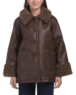 TJ Maxx Faux Leather Shearling Button Down Jacket For Polyester/Leather - Brown