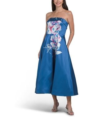 TJ Maxx Strapless Floral Mikado Tea-Length Dress For Polyester - Blue