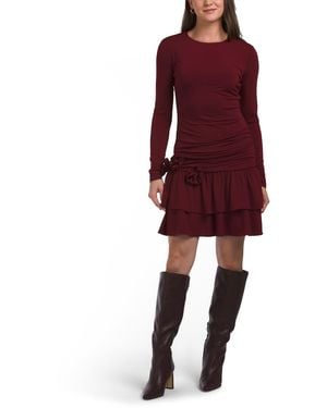 TJ Maxx Long Sleeve Draped Drop Waist Mini Dress With Rosette Detail For Spandex/Polyester - Red