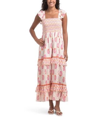 TJ Maxx Alma Flutter Sleeve Smocked Top Dress For Cotton - Pink