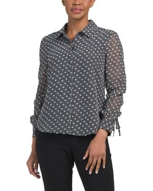 TJ Maxx Long Sleeve Collared Woven Blouse With Sleeve Tie Detail For Polyester - Gray