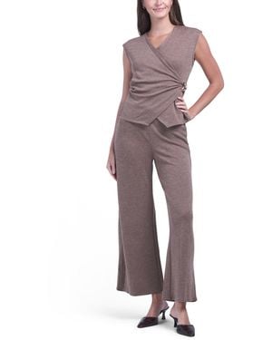 TJ Maxx 2Pc Petite V-Neck Top And Pull On Knit Novelty Wide Leg Pants Set For Spandex/Polyester - Multicolor