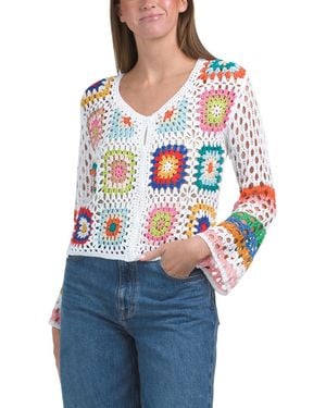 TJ Maxx Long Sleeve Knitted Crochet Button Down Top For Cotton - Blue