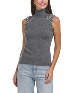 TJ Maxx Sleeveless Mock Neck Sweater With Jewels, Nylon/Polyester/Acrylic - Blue