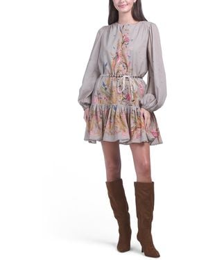 TJ Maxx Long Sleeve Tiered Fully Lined Mini Dress With Belt For Cotton - Multicolor