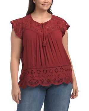 TJ Maxx Plus Eyelet Trim Top With Ruffle Sleeve For Cotton/Rayon - Red