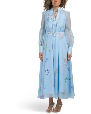 TJ Maxx Long Sleeve Floral Maxi Dress With Belt For Polyester - Blue