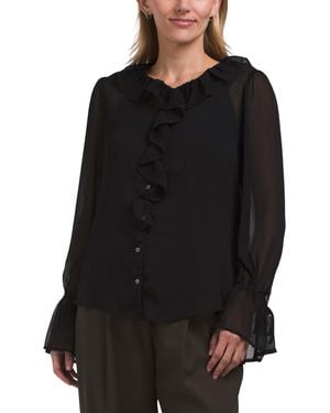 TJ Maxx Long Sleeve Ruffle Front Woven Shirt For Polyester - Black