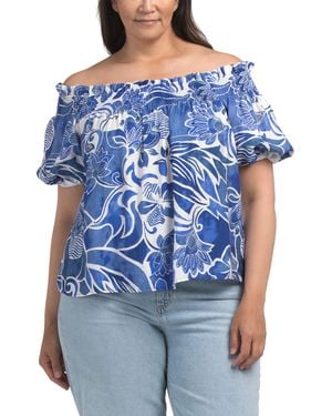 TJ Maxx Plus Off The Shoulder Blouson Sleeve Top For Nylon/Polyester/Rayon - Blue