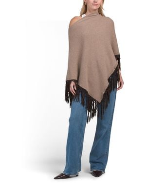 TJ Maxx Cashmere Blend Poncho With Suede Fringes For Wool/Cashmere/Suede - Blue