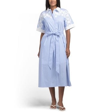 TJ Maxx Short Sleeve Floral Applique Striped Midi Dress For Nylon/Spandex/Cotton - Blue