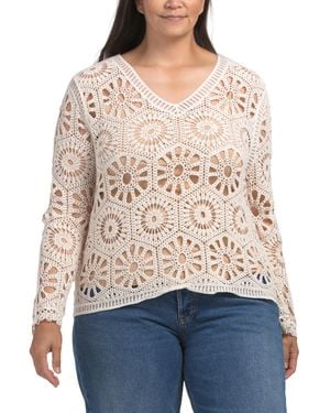 TJ Maxx Plus Crochet V-Neck Top With Scalloped Cuffs For Cotton - Natural