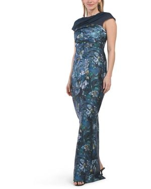 TJ Maxx Delana Short Sleeve Mikado Column Gown For Polyester - Blue