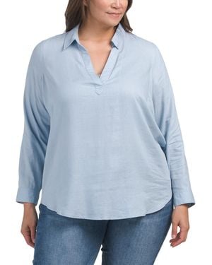 TJ Maxx Plus Linen Blend Popover Shirt For Linen/Rayon - Blue