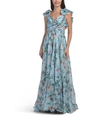 TJ Maxx Ruffle Sleeve Floral Gown For Polyester - Blue