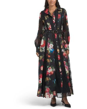 TJ Maxx Long Sleeve Floral Lace Trim Maxi Dress With Belt For Spandex/Polyester - Black
