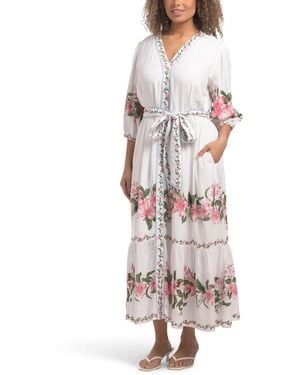 TJ Maxx Long Sleeve Floral Maxi Dress With Belt For Rayon - White