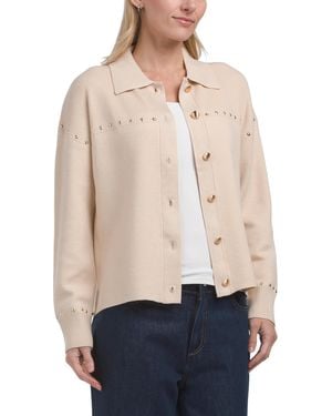 TJ Maxx Collard Neck Long Sleeve Button Down Jacket With Stud Details, Nylon/Polyester/Viscose - Natural