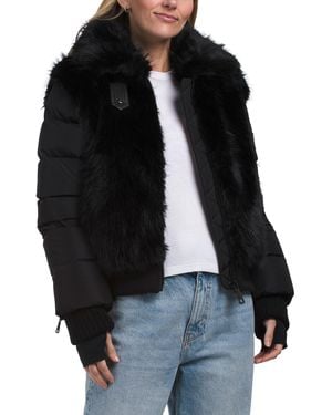 TJ Maxx Plush Faux Fur Down Puffer Coat, Nylon/Spandex/Polyester - Black