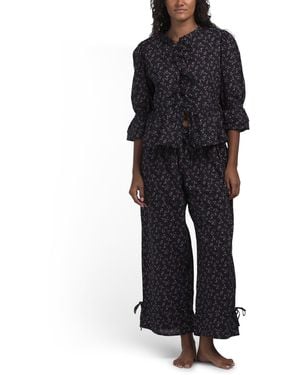 TJ Maxx 2Pc Ditsy Print Tie Front Boho Top And Pants Lounge Set, Cotton - Black