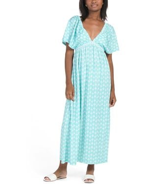 TJ Maxx Upf 50 Cote D Azur Deep V Flutter Sleeve Maxi Dress For - Blue