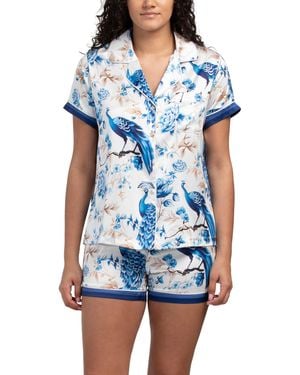 TJ Maxx 2Pc Satin Peacock Print Top And Shorts Pajama Set For Spandex/Polyester - Blue
