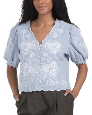 TJ Maxx Short Sleeve Embroidered Blouse For Cotton - Blue