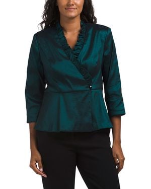 TJ Maxx Three-Quarter Sleeve Stretch Taffeta Blouse With Ruffle Neck For Nylon/Spandex/Polyester - Blue