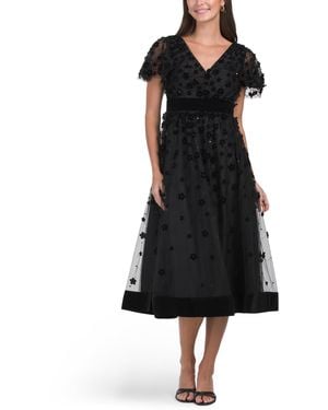 TJ Maxx Short Sleeve Floral Applique Cocktail Dress For Polyester - Black