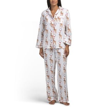 TJ Maxx 2Pc Cotton Flannel Reindeer And Wreath Pajama Set For - White