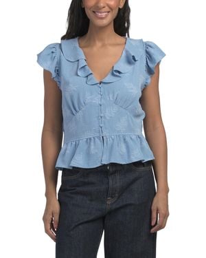 TJ Maxx Leafy Jaquard Ruffle Blouse For Polyester - Blue