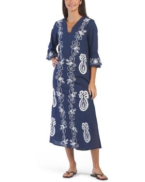 TJ Maxx Augustina Long Sleeve Tunic Cover-Up Dress For Cotton - Blue
