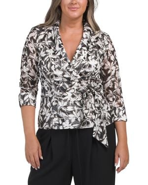 TJ Maxx Three-Quarter Sleeve Foil Burnout Side Tie Blouse For Polyester - Gray