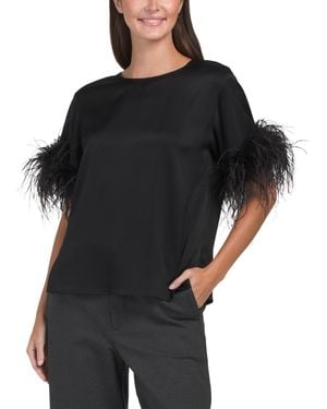 TJ Maxx Aria Short Sleeve Blouse With Feathers For Polyester - Black