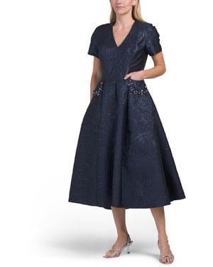 TJ Maxx Short Sleeve Jacquard Embellished Cocktail Dress For Polyester - Blue
