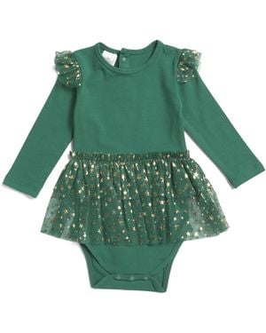 TJ Maxx Shimmer Christmas Long Sleeve Tutu Bodysuit For Girl, Spandex/Cotton - Green