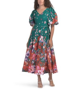 TJ Maxx Puff Sleeve Cascading Floral Maxi Dress With Belt For Spandex/Polyester - Red