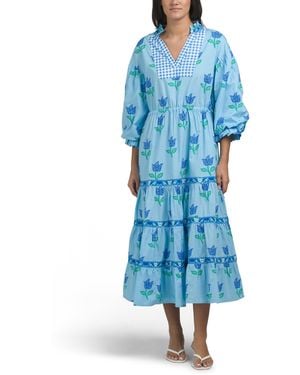 TJ Maxx Long Sleeve Floral Maxi Dress For Cotton - Blue